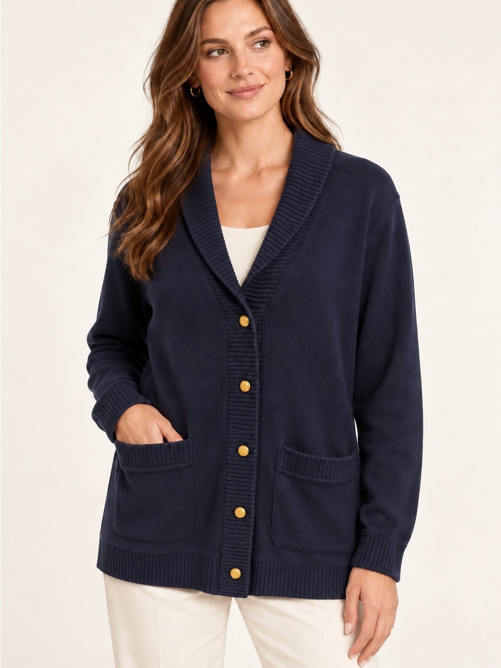 Lauren Ralph Lauren Navy Cotton Shawl Collar Cardigan Gold Buttons Size L